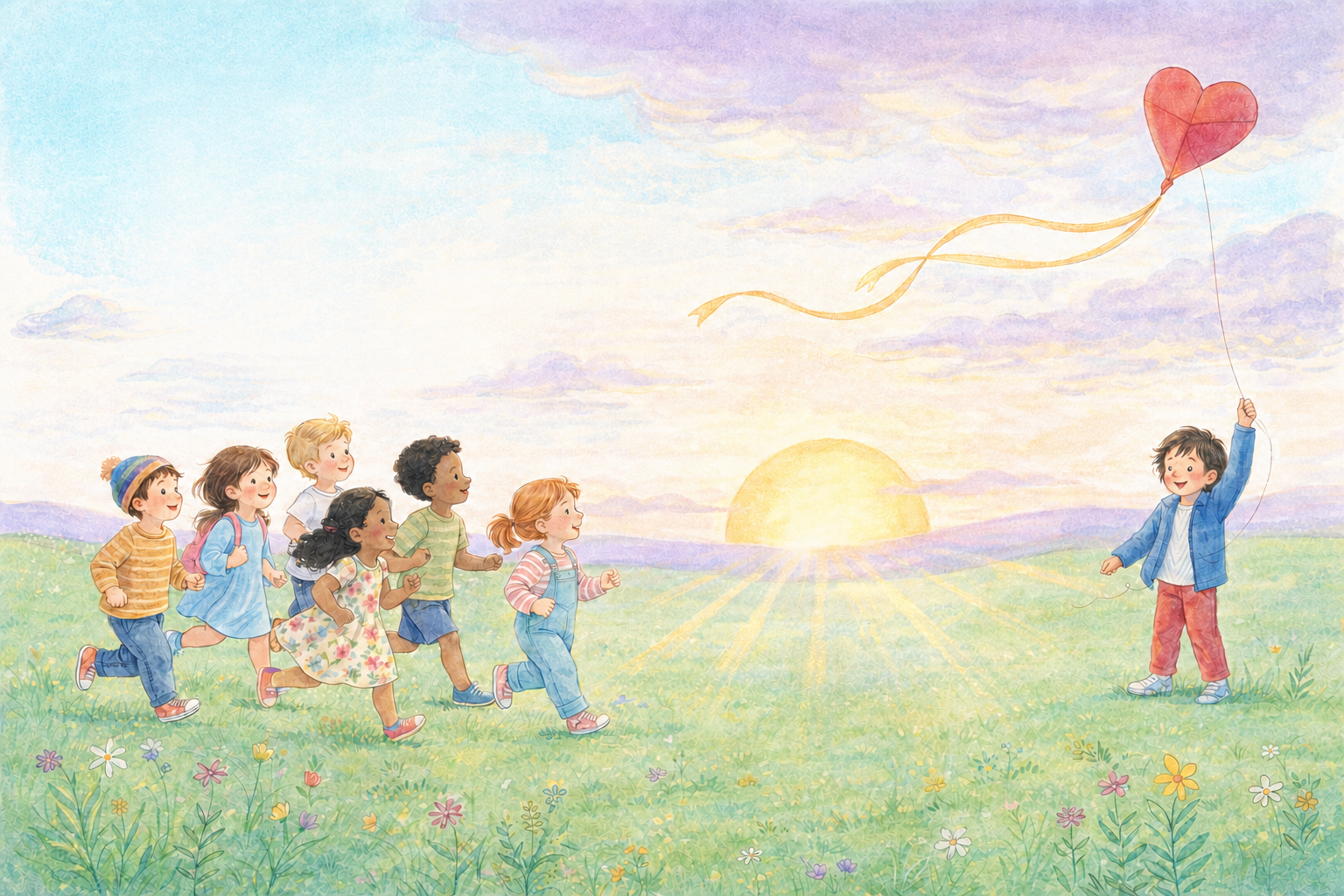 Children running together at sunset beneath a heart-shaped kite
