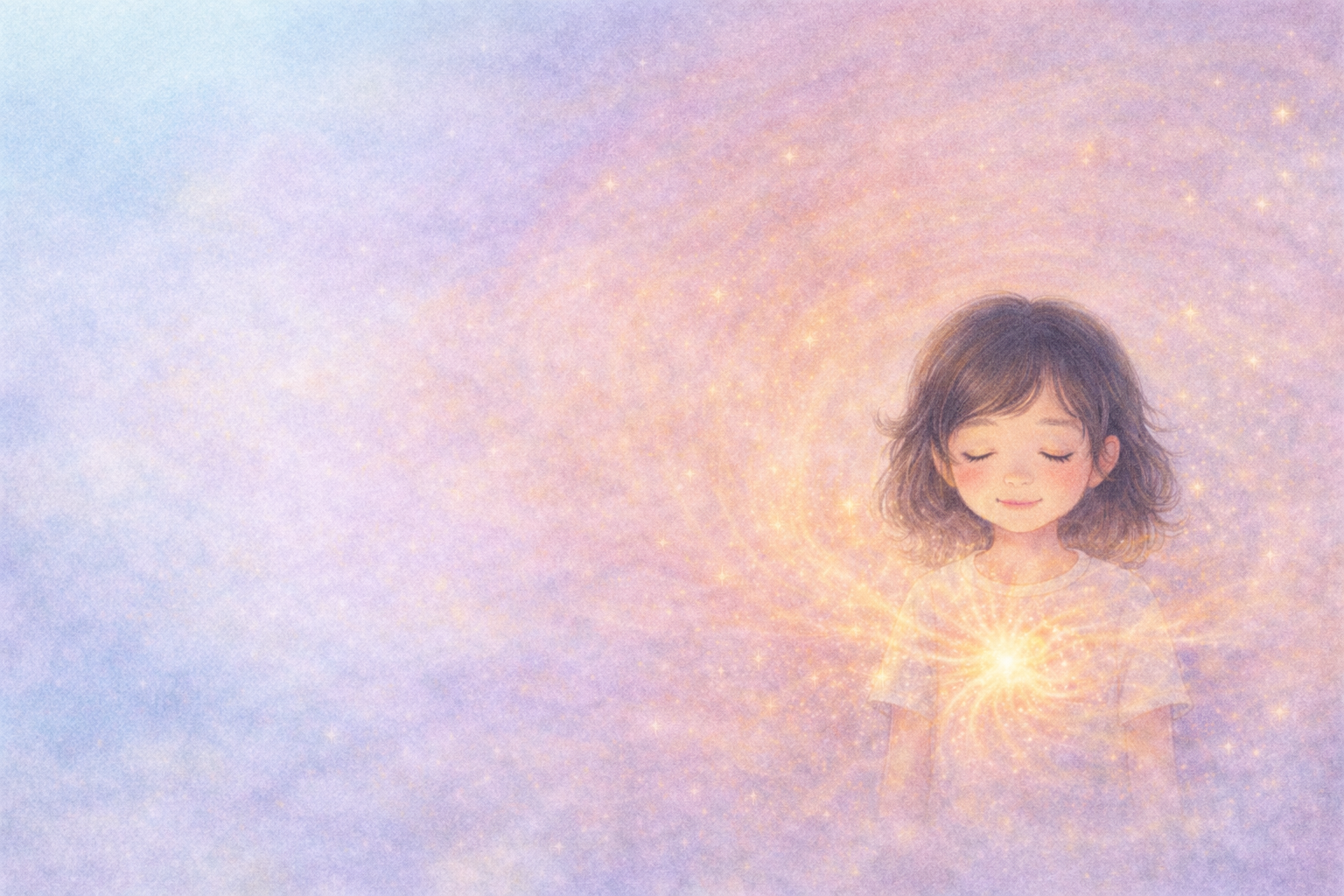 A child surrounded by warm, glowing swirls of imagination