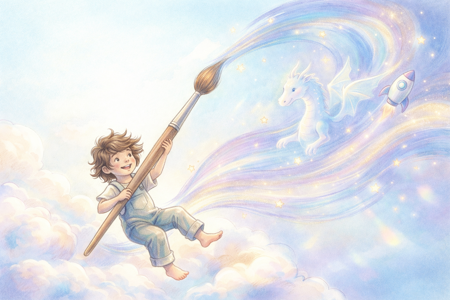 A child flying through clouds on a magical paintbrush