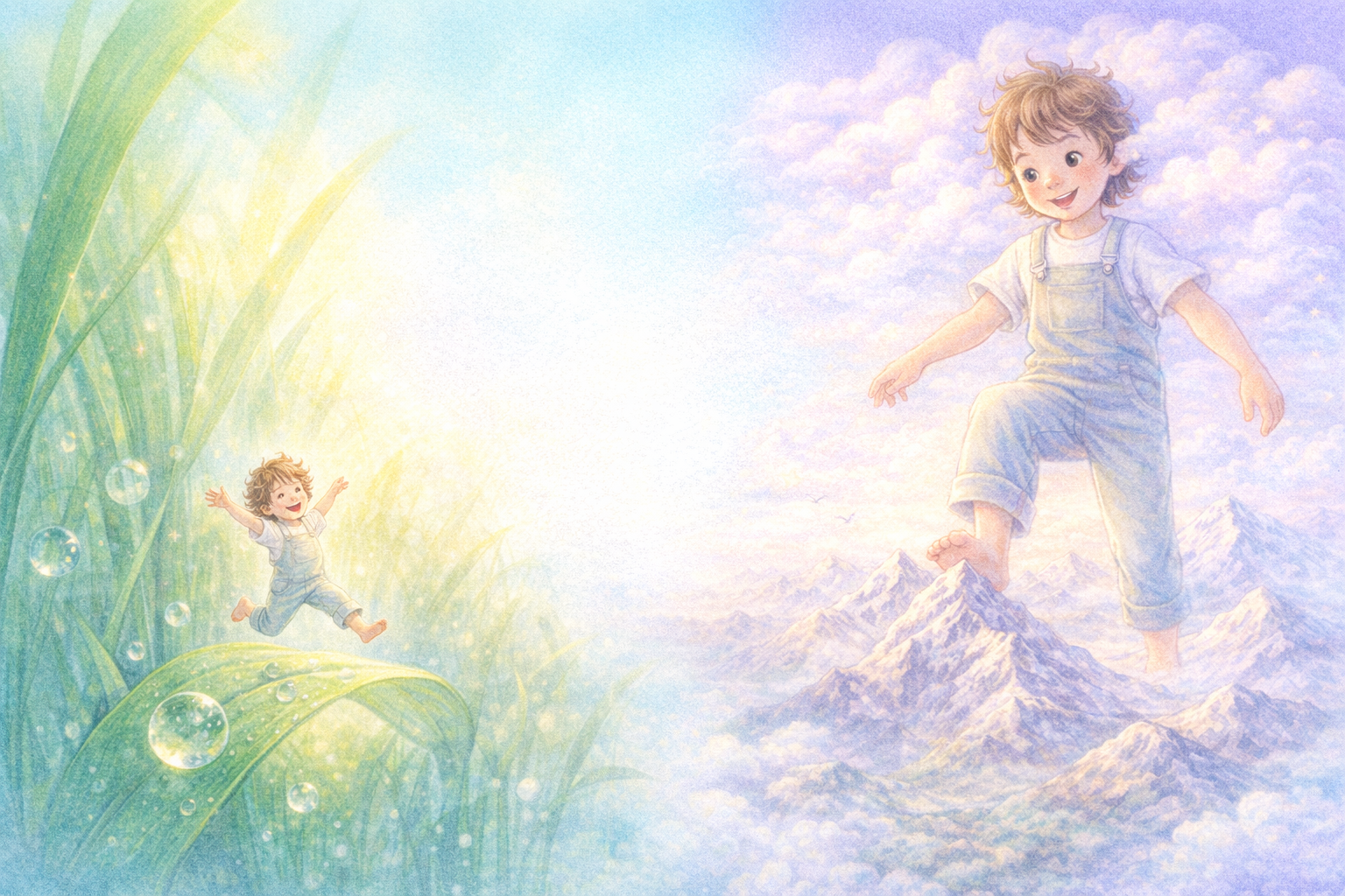 A child imagining adventures from tiny leaves to great mountains